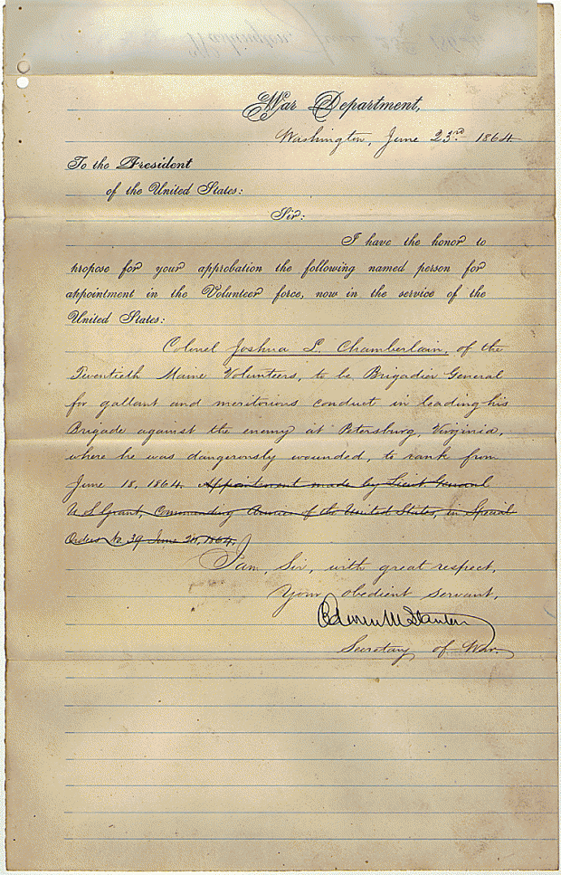 Letter to President Lincoln from Secretary of War Stanton regarding Joshua L. Chamberlain Letter to President Lincoln from Secretary of War Stanton regarding Joshua L. ChamberlainLetter to President Lincoln from Secretary of War Stanton to be appointedBrigadier General