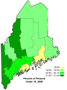 Percent Under 18 by County, 2009 Map: Percent Under 18 by County, 2009