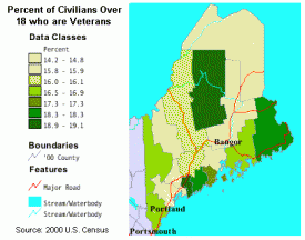 Civilians over 18 who are Veterans by County 2000 Map: Civilians over 18 who are Veterans by County 2000